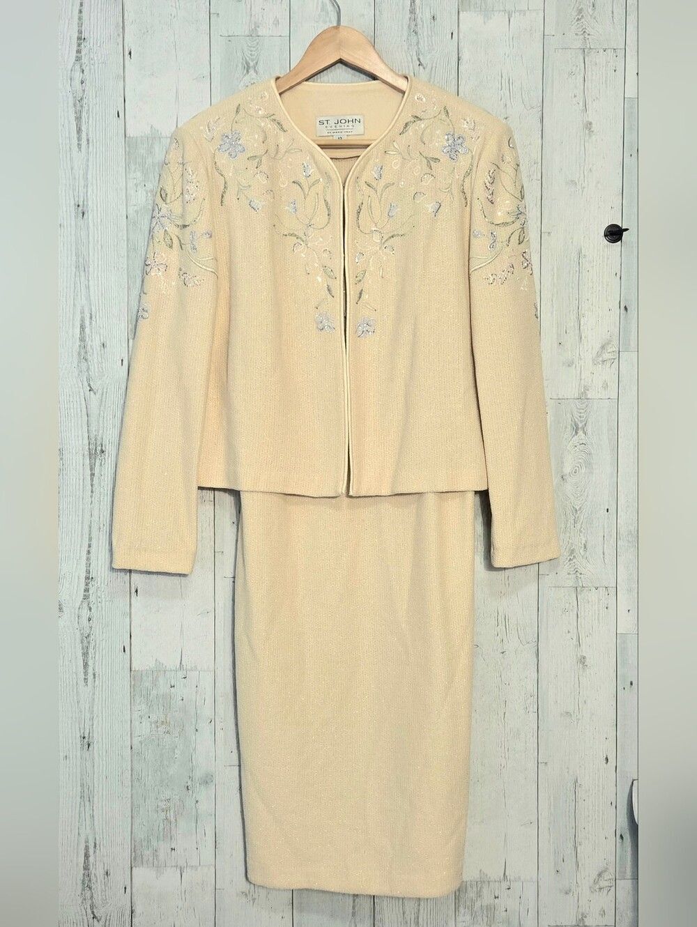 St. John Evening Embroidered Rhinestone Knit Dress Jacket Set Sz. 12